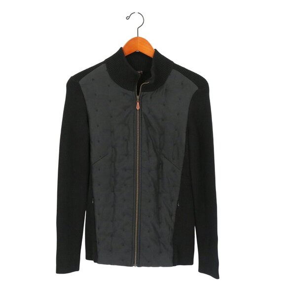 J. McLaughlin Black Cotton Knit Quilted Silk Zip Front Mock Neck Jacket S - Picture 1 of 4